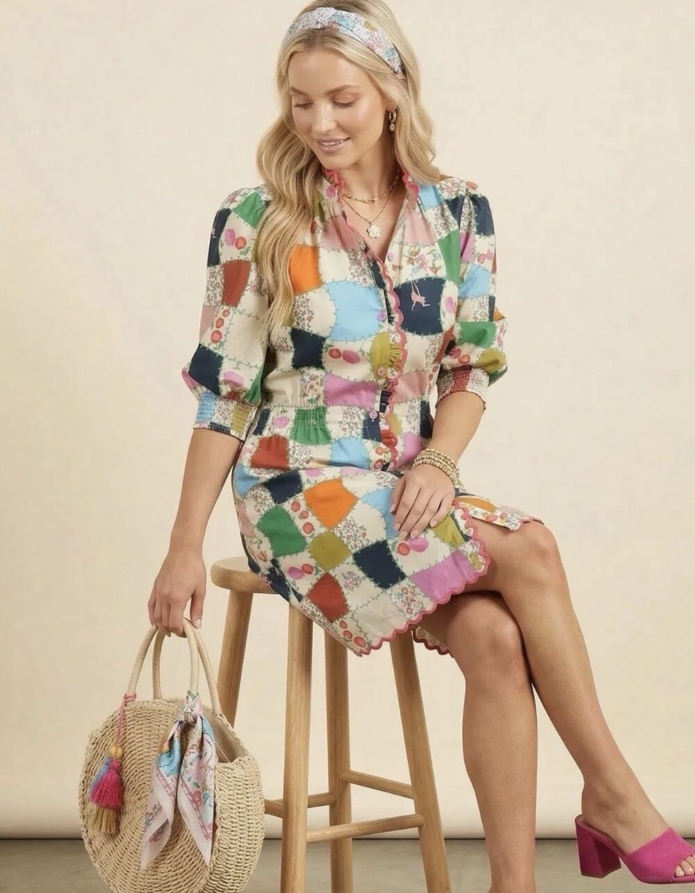 Alden Adair AUDREY BLOOM Athena Fresco Patchwork Dress XS $319